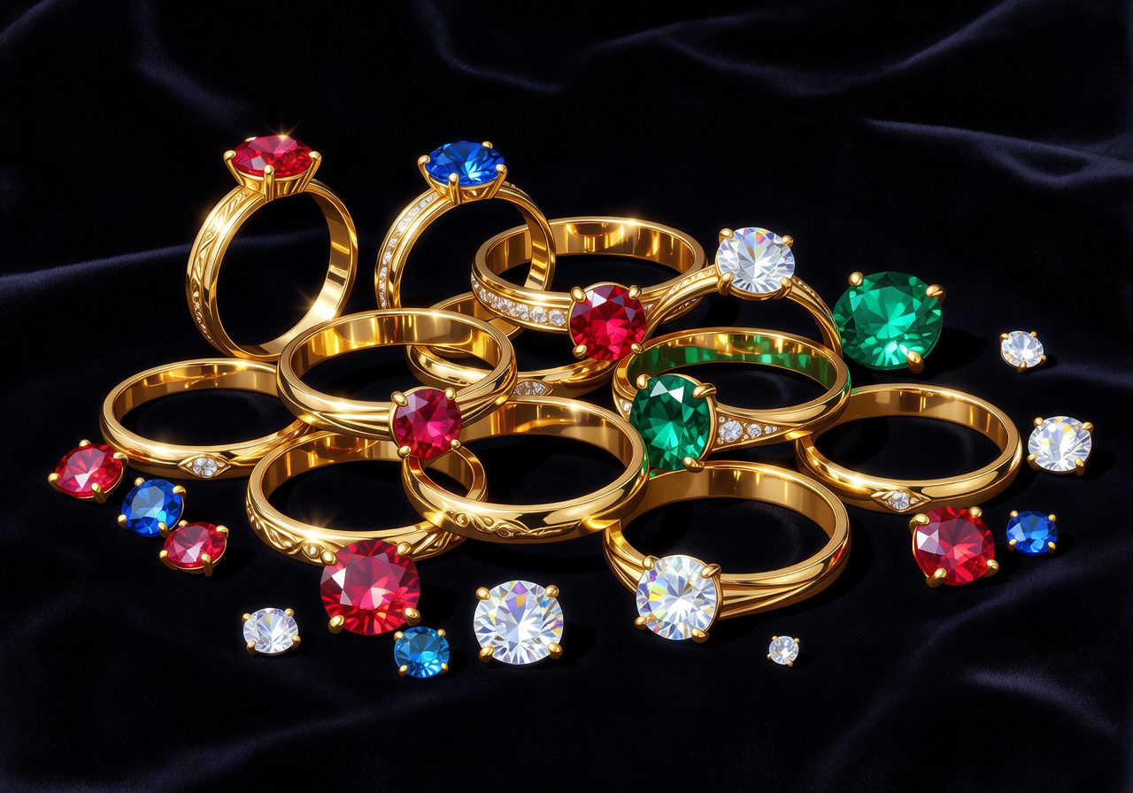 Illustration of shiny gold rings and precious gems